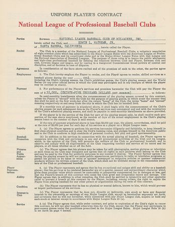 Lot #9060 Eddie Mathews 1954 Milwaukee Braves Signed Player Cotnract - Image 2