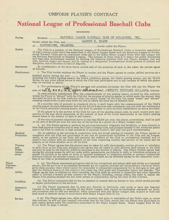 Lot #9061 Warren Spahn 1954 Milwaukee Braves Signed Player Contract - Image 2