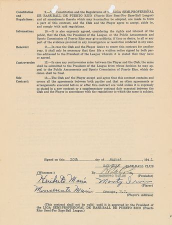Lot #9033 Monte Irvin 1941 Puerto Rico Winter League Signed Player Contract - Image 1