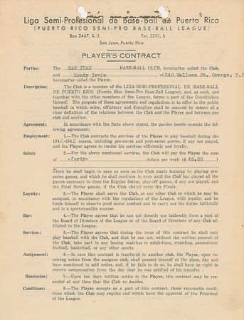 Lot #9033 Monte Irvin 1941 Puerto Rico Winter League Signed Player Contract - Image 2