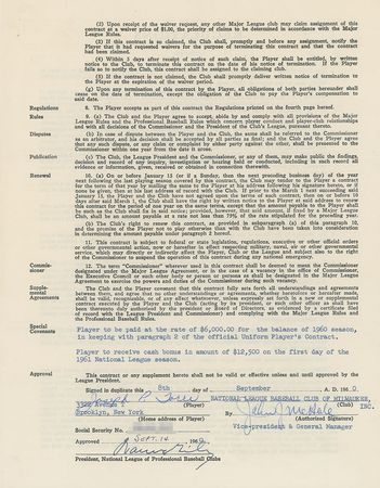 Lot #9072 Joe Torre 1960 Milwaukee Braves Signed Player Contract (Rookie Contract) - Image 1