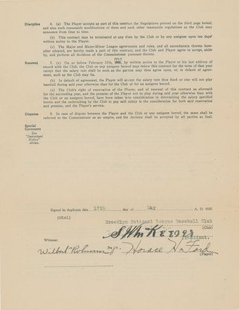 Lot #9007 Wilbert Hod Ford 1925-26 Brooklyn Robins Signed Player Contract with Wilbert Robinson - Image 1