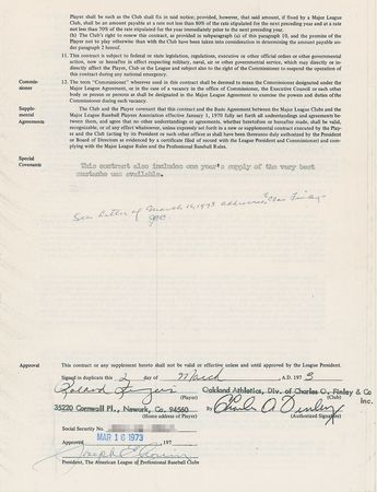 Lot #9099 Rollie Fingers 1973 Oakland Athletics Signed Player Contract (With Mustache Wax Clause!) - Image 1