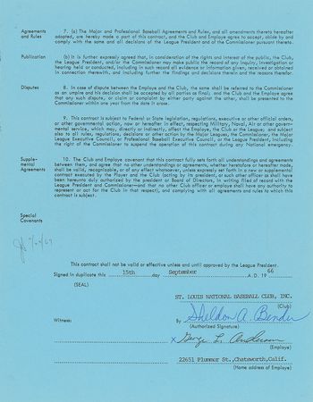 Lot #9085 Sparky Anderson 1966-67 St. Louis Cardinals Signed Bassebasll Instructor's Contract - Image 1