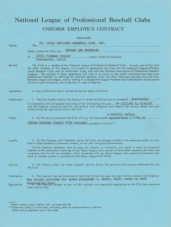 Lot #9085 Sparky Anderson 1966-67 St. Louis Cardinals Signed Bassebasll Instructor's Contract - Image 2