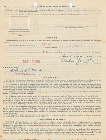 Lot #9067 Orlando Cepeda 1956 Puerto Rico Winter League Signed Player Contract - Image 2