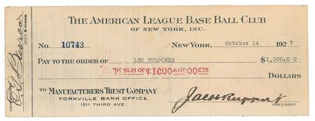 Lot #8307 Leo Durocher 1927 Signed Payroll Check - Image 1