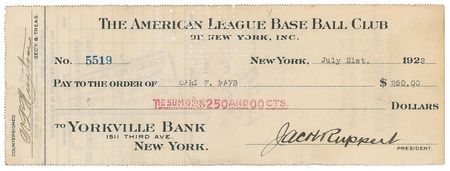 Lot #8315 Carl Mays 1922 Signed Payroll Check - Image 1