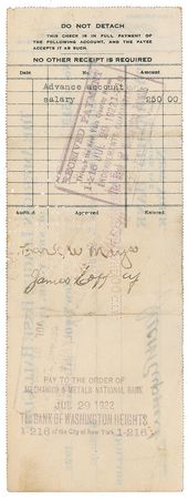 Lot #8315 Carl Mays 1922 Signed Payroll Check - Image 2
