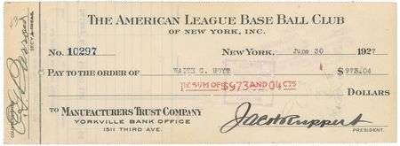 Lot #8310 Waite Hoyt 1927 Signed Payroll Check - Image 1