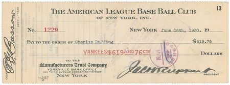 Lot #8325 Charles 'Red' Ruffing 1930 Signed Payroll Check - Image 1