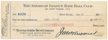 Lot #8317 Bob Meusel 1927 Signed Payroll Check - Image 1