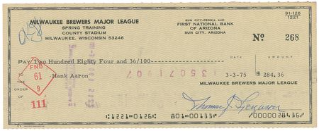 Lot #8301 Hank Aaron 1975 Signed Milwaukee Brewers Check - Image 1