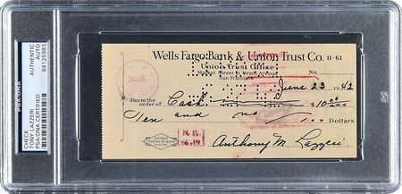 Lot #8313 Tony Lazzeri 1942 Signed Bank Check - Image 1