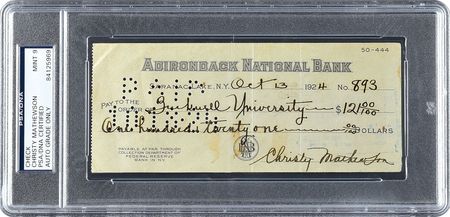 Lot #8314 Christy Mathewson 1924 Signed Bank Check, Made Out to His Alma Mater, Bucknell University - PSA/DNA MINT 9 - Image 1