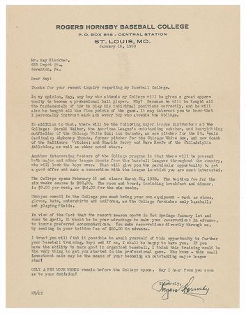 Lot #8368 Rogers Hornsby 1939 Signed Typed Letter - Image 1