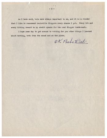 Lot #8337 Historically Significant Babe Ruth Signed Hillerich & Bradsby Testimonial for Louisville Slugger Bats - PSA/DNA MINT 9 - Image 1