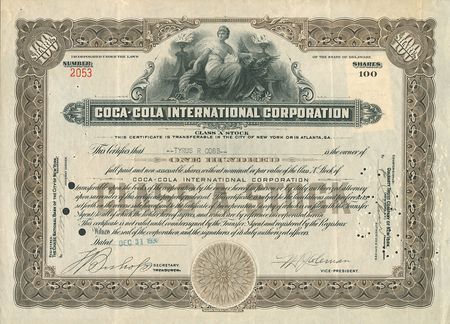 Lot #8413 Very Desirable Ty Cobb 1930 Coca-Cola Signed Stock Certificate - PSA/DNA MINT 9 - Image 1