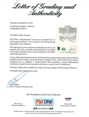 Lot #8413 Very Desirable Ty Cobb 1930 Coca-Cola Signed Stock Certificate - PSA/DNA MINT 9 - Image 3