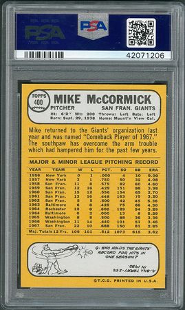 Lot #8113  1968 Topps #400 Mike McCormick Extremely Rare White Letter - PSA NM-MT+ 8.5 - Image 3