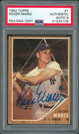 Lot #8186  1962 Topps #1 Roger Maris Signed Card - PSA/DNA MINT 9 - Image 1