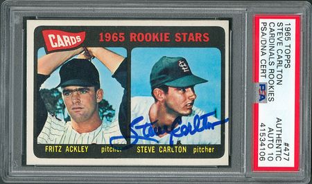 Lot #8191  1965 Topps Autographed #477 Steve Carlton RC - PSA/DNA GEM MINT 10 - Image 1
