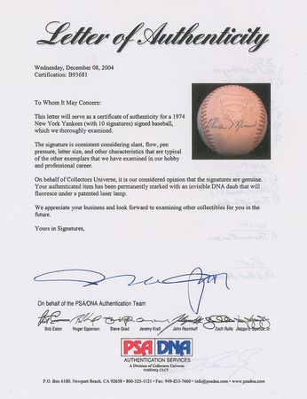 Lot #8258  1974 New York Yankees Signed Baseball with 10 Signatures including Thurman Munson - Image 7