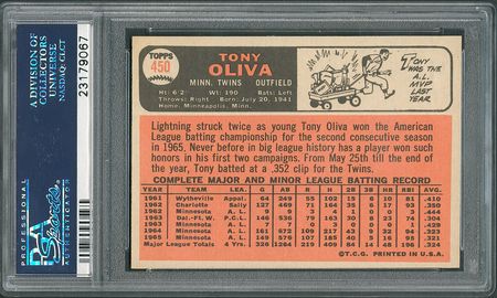 Lot #8104  1966 Topps #450 Tony Oliva PSA GEM MT 10 - Image 2
