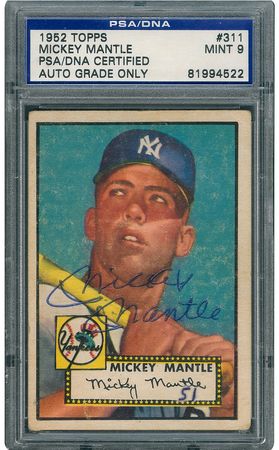Lot #8181  1952 Topps #311 Mickey Mantle Autographed Rookie Card - PSA/DNA MINT 9 - Image 1