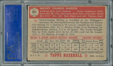 Lot #8181  1952 Topps #311 Mickey Mantle Autographed Rookie Card - PSA/DNA MINT 9 - Image 3