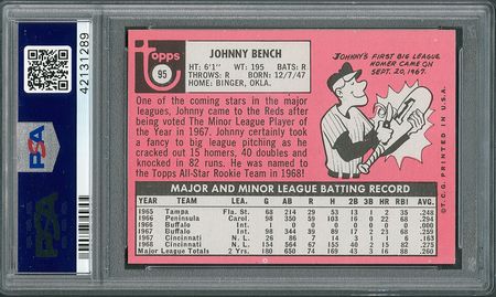 Lot #8112  1969 Topps #95 Johnny Bench - PSA MINT 9 - Image 3