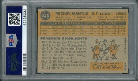 Lot #8079  1960 Topps #350 Mickey Mantle - PSA NM-MT 8 - Image 3