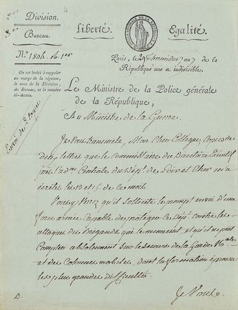 Lot #195 Joseph Fouche: “The Commissioner of the Directoire...asks for the prompt dispatch of an armed force capable of protecting the Loir et Cher Department against the attacks of brigands threatening it” - Image 1