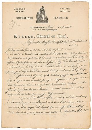 Lot #289 Jean-Baptiste Kleber: “Because all is quiet in your area now thanks to the help that Murad Bey is offering you against the Arabs, you may be able to do without one Battallion” - Image 1