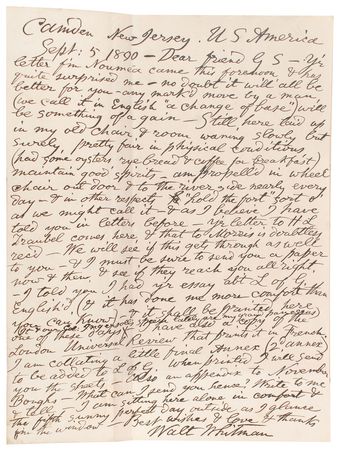 Lot #469 Walt Whitman: Twice-signed first edition of ‘Complete Poems & Prose’ and a letter to fellow poet Gabriel Sarrazin - Image 2