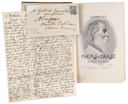 Lot #469 Walt Whitman: Twice-signed first edition of ‘Complete Poems & Prose’ and a letter to fellow poet Gabriel Sarrazin - Image 6