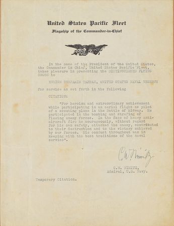 Lot #264 Battle of Midway: Medals and Documents Belonging to Capt. Benjamin Tappan, Jr., USN, Awarded the Distinguished Flying Cross for Actions at Midway: Remarkable archive of a WWII pilot, including his Distinguished Flying Cross awarded for heroism at Midway - Image 10