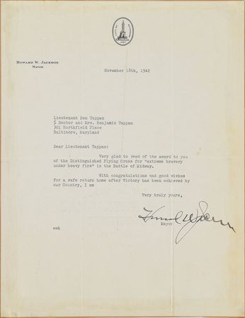 Lot #264 Battle of Midway: Medals and Documents Belonging to Capt. Benjamin Tappan, Jr., USN, Awarded the Distinguished Flying Cross for Actions at Midway: Remarkable archive of a WWII pilot, including his Distinguished Flying Cross awarded for heroism at Midway - Image 11