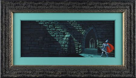 Lot #913 Eyvind Earle concept storyboard painting of Prince Phillip from Sleeping Beauty: Marvelous early concept painting of Prince Phillip in Maleficent's castle - Image 1