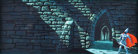Lot #913 Eyvind Earle concept storyboard painting of Prince Phillip from Sleeping Beauty: Marvelous early concept painting of Prince Phillip in Maleficent's castle - Image 2