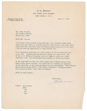 Lot #229 J. C. Penney Signed Photograph and Letter - Image 2
