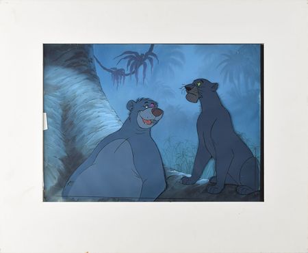 Lot #923 Baloo and Bagheera production key matching master background set-up from The Jungle Book: Scarce Baloo and Bagheera matching key master cel setup from The Jungle Book - Image 1