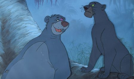 Lot #923 Baloo and Bagheera production key matching master background set-up from The Jungle Book: Scarce Baloo and Bagheera matching key master cel setup from The Jungle Book - Image 2