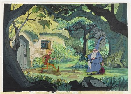 Lot #921 Merlin and Arthur production key matching master background set-up from The Sword in the Stone: The medieval heroes of The Sword in the Stone, with a stunning original background - Image 1