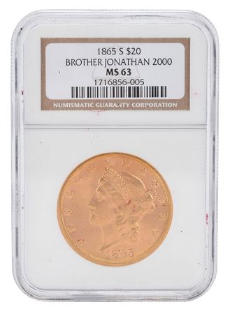 Lot #134 1865-S $20 Gold Liberty Head Double Eagle Coin recovered from the SS Brother Jonathan Shipwreck (NGC MS63): Remarkable NGC MS63 $20 Gold Liberty Head Double Eagle recovered from a Civil War-era shipwreck - Image 1
