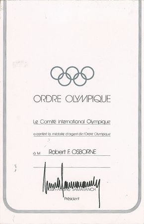 Lot #3100  IOC 1983 Olympic Order Certificate