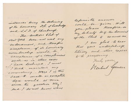 Lot #314 Herbert Spencer Signed Letter - Image 2