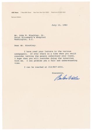 Lot #225 John Hinckley and Barbara Walters: Hinckley writes to Barbara Walters: 