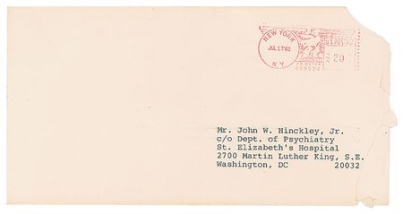 Lot #225 John Hinckley and Barbara Walters: Hinckley writes to Barbara Walters: 
