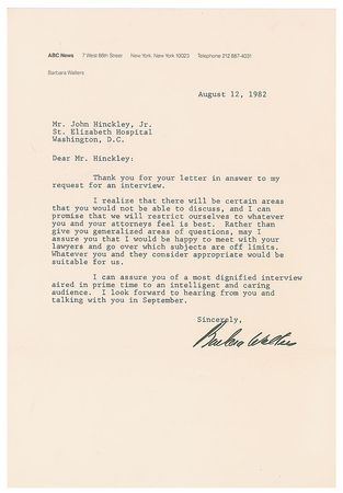 Lot #225 John Hinckley and Barbara Walters: Hinckley writes to Barbara Walters: 